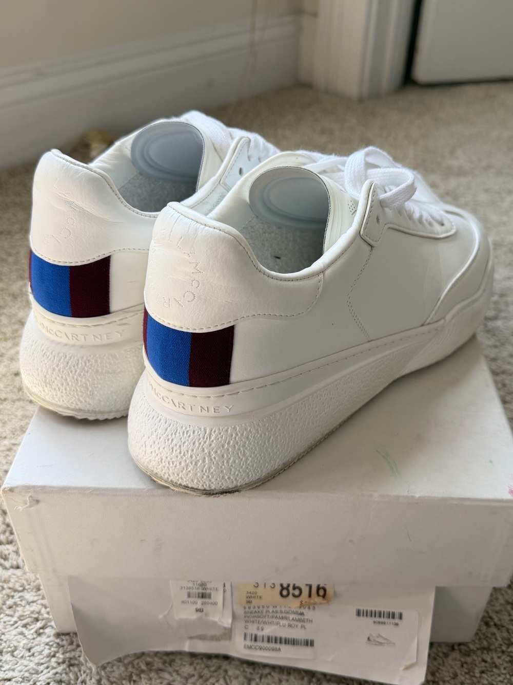 Stella McCartney White Sneakers with Blue & Burgundy Heel Tabs